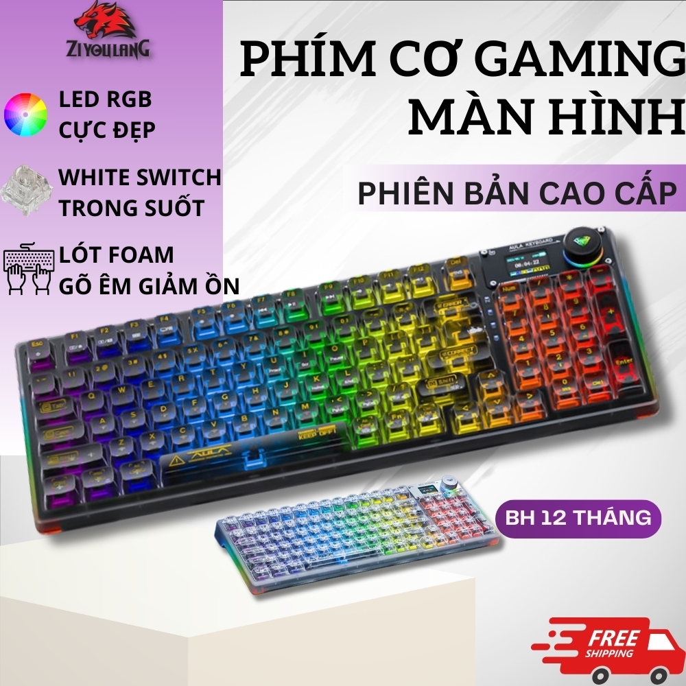 Bàn Phím Cơ Không Dây Ziyoulang F98 Pro White Switch Keycap Xuyên Led RGB Cực Đẹp, Màn Hình Hiển Thị