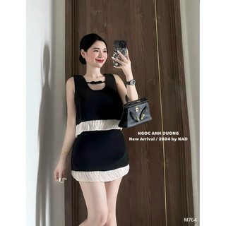 Set đen sát nách phối tơ óng bèo kem kèm chân váy