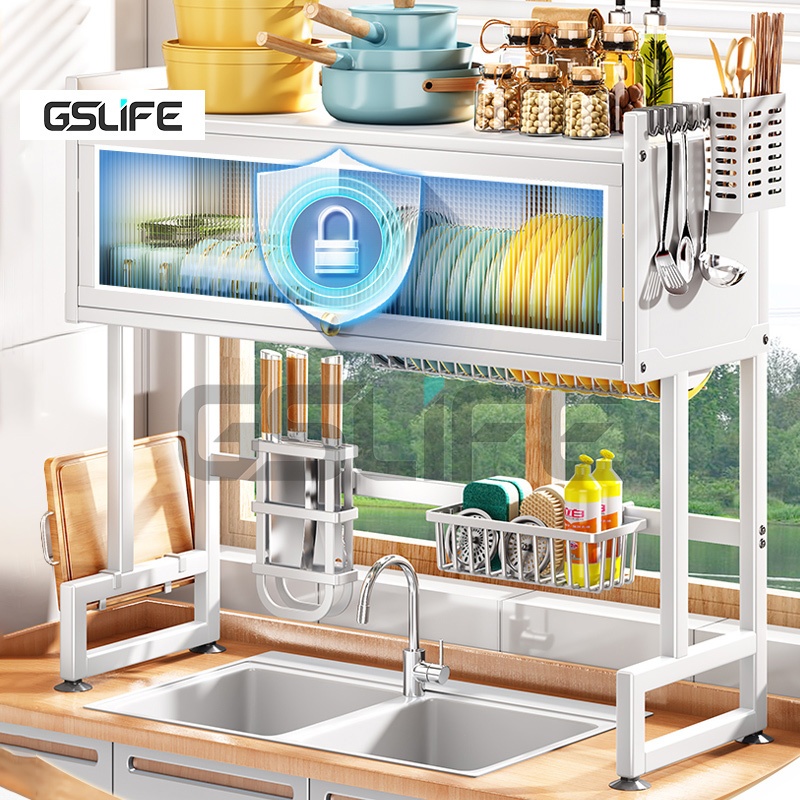 Gslife Kệ Để Chén Đĩa Có Nắp Đậy Thông Minh Trắng Trên Bồn Rửa Bát Thép Carbon Sơn Đen Cao Cấp