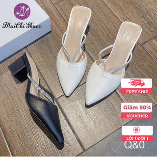Sục nữ sục cao gót mũi nhọn gót vuông 5cm 2 màu đen kem quai đính đá sành điệu thời trang mã M08