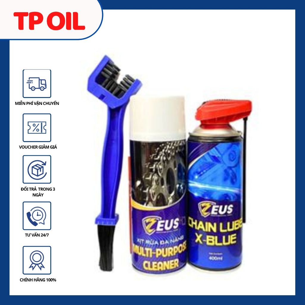 Combo dưỡng sên Zeus Chain Lube X-Blue 400ml Rửa sên Zeus Chain Cleaner 400ml Tặng bàn chải vệ sinh