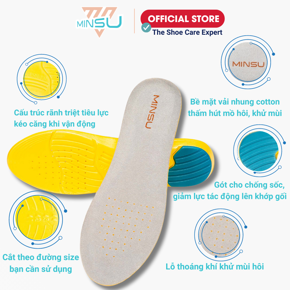 Lót Giày Thể Thao Sneaker Gel Chống Thốn Gót MINSU M2303 Cao Su EVA Êm Ái, Thấm Hút, Khửi Mùi Hôi Chân cho Nam Nữ