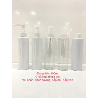 Chai nhựa pet 100ml vòi nhấn, xịt phun sương, nắp vặn , nắp bật