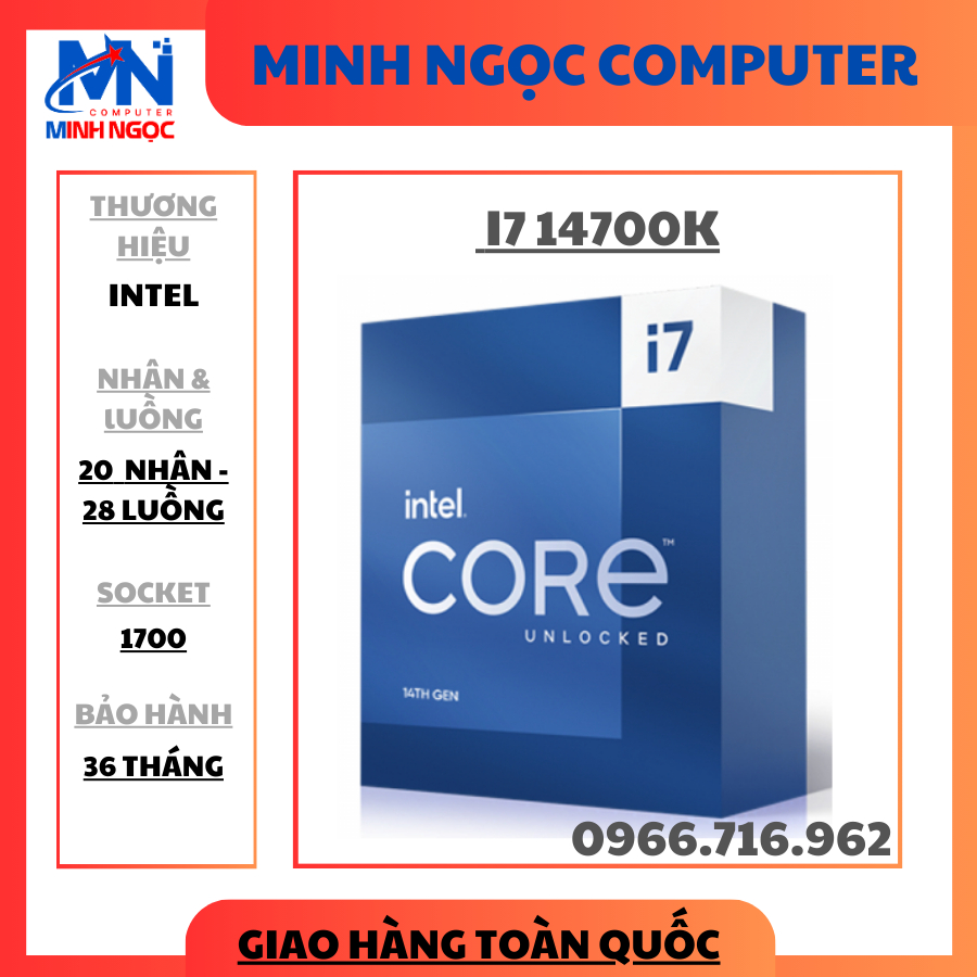 CPU Intel Core I7 14700K box NK (Up 5.60 GHz, 20 Nhân 28 Luồng, 33MB Cache, Raptor Lake Refresh)