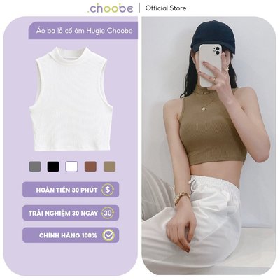 Áo croptop Hugie Choobe ba lỗ nữ cổ cao sát nách không tay ôm body cotton co giãn tank top A24