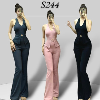S244 - set áo cổ tim xẻ sát nách + quần ống loe túi nổi vải gân bông - ngọc lucie