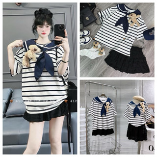 [ FREE SHIP ] Sét Áo Phông 13DE Marzo Kẻ Sọc khăn Buộc Nơ Kèm Gấu rời Mix CV ren tầng xinh xắn cute ! Áo chất ctong zip