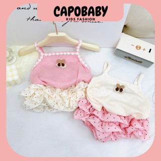 Sét váy 2 dây chấm bi kèm chân váy xếp tầng bồng cho bé gái 7-15kg