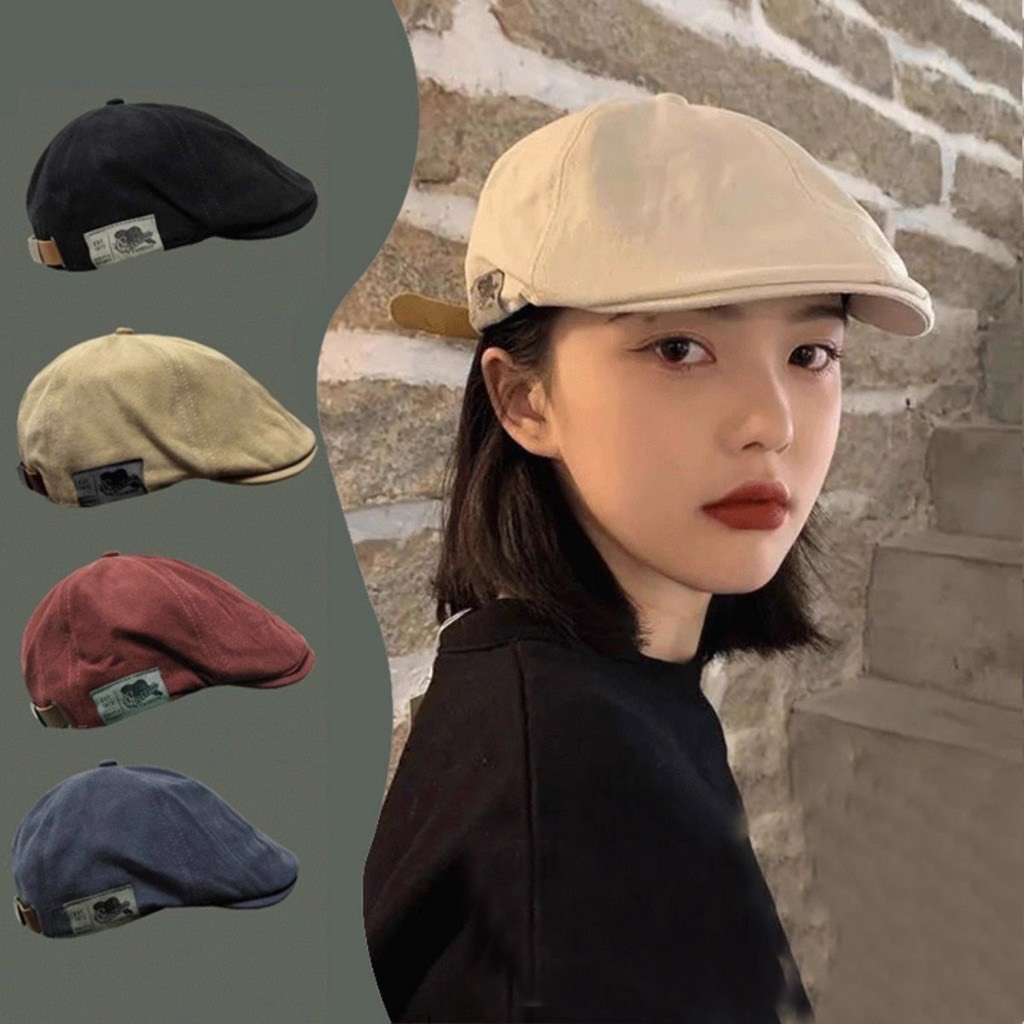 Mũ Beret Màu Trơn Phong Cách Retro Nhật Hàn Cho Nam Nữ AHI nhiều màu đính logo bên hông hot 2024