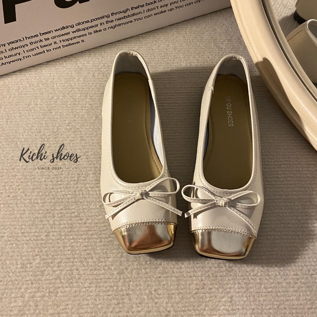 Giày nơ đế bệt màu trắng kem mũi vàng siêu sang chân giày coquette nữ Kichi Shoes mã 613