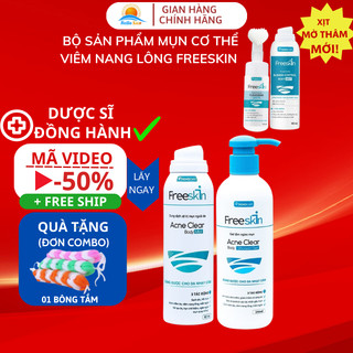 Combo Xịt Mụn Lưng Freeskin, Gel Tắm Sữa Tắm Mụn Lưng Freeskin XỊt Mờ Thâm và Bọt Rửa Mặt Freeskin- shop Hello Sun