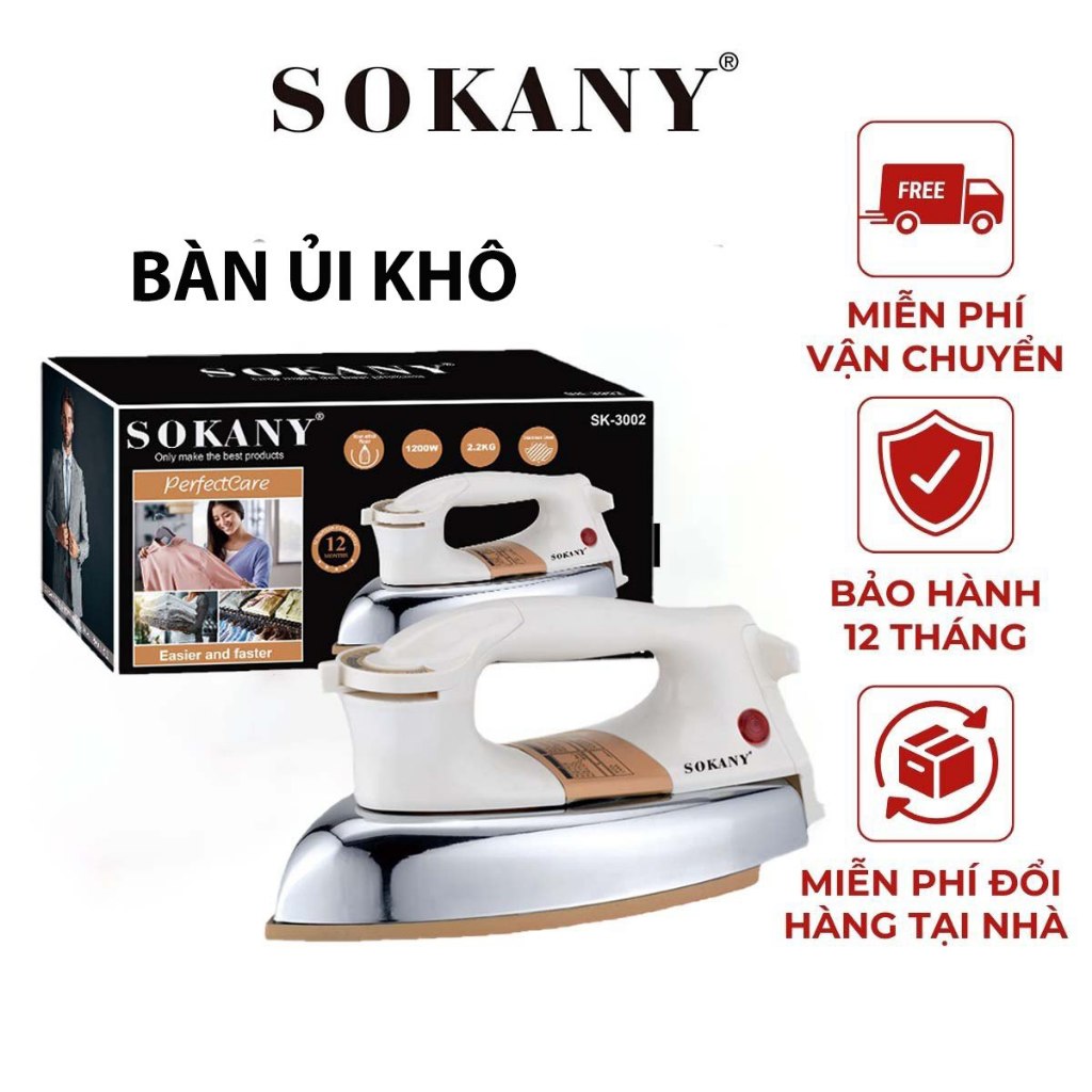 Bàn là ủi khô SOKANY công suất cao 1200W đế ủi chống gỉ ủi được với mọi loại vải - SK3002