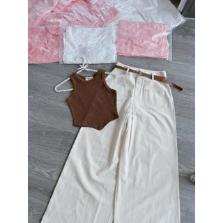 Set áo thun ba lỗ quần kaki ống rộng màu trắng