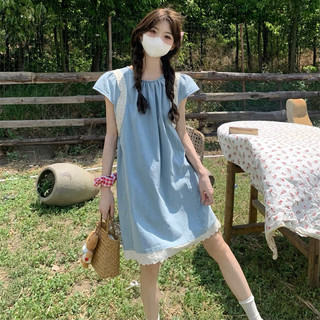 Váy jean suông dáng ngắn phối ren cộc tay Lumii