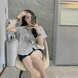 Áo sơ mi kẻ sọc nhỏ thêu nơ hàng Qc chất mềm mát
