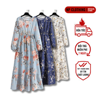Váy Trung Niên Nữ D222, Đầm Maxi Hoa Nhí Cổ Tròn Kín Đáo Chất Lụa Sang Trọng, Thời Trang NP Clothing