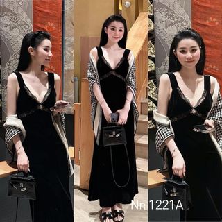 Váy nhung pha ren 2 dây bản to dáng dài