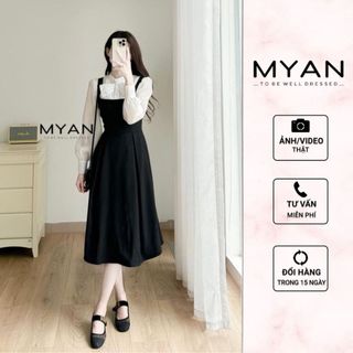 MYAN DESIGN Váy Yếm Xoè Dáng Dài Midi Cổ Vuông Xếp Ly Form Chiết Eo Màu Đen Vvn022307