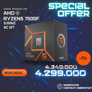 Cpu amd ryzen 5 7500f ( 3.7ghz boost 5.0ghz / 6 nhân 12 luồng / 32mb / am5) [new]