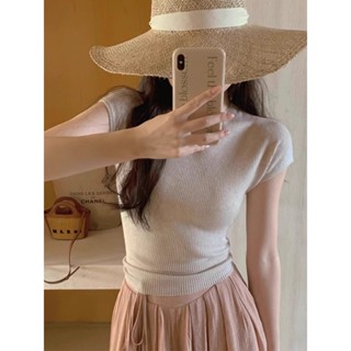 Áo len dệt kim cổ cao tay hến dáng ôm khoét lưng dưới cột nơ siết eo nữ tính phong cách Hàn Quốc