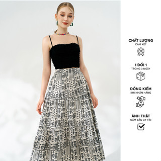 Chân váy midi thô hoa trắng đen nối tầng 411SK2024 ADORE DRESS