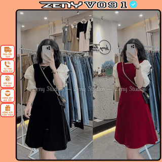 Váy nhung đính nơ tay bồng ngắn tay, váy nhung dáng xòe phong cách tiểu thư ZENY STUDIOS V091