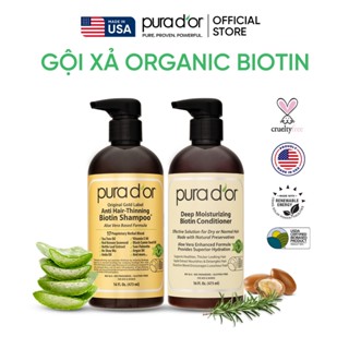 Combo dầu gội dầu xả hữu cơ hỗ trợ giảm rụng tóc, hỗ trợ mọc tóc Biotin Gold Label Pura D'or 473ml Organic