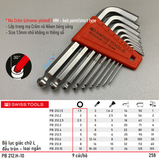 Bộ lục giác chữ l ngắn, đầu tròn pb 212.h-10 gồm 9 chi tiết mạ crôm | pb swiss tools