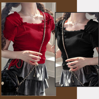 Áo thun dây rút đính nơ tiểu thư MÉN CLOTHING Áo kiểu nữ cổ vuông phối nơ nhún eo chất thun tăm