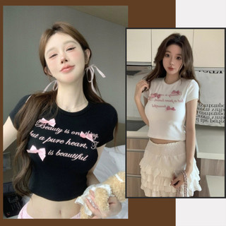 Áo thun nữ form croptop ôm dáng in hình kèm đính nơ mát mẻ MÉN CLOTHING