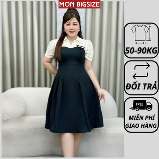 Váy bigsize nữ đầm dự tiệc đi chơi kiểu áo sơ mi sọc thiết kế cổ sen chân váy xếp ly vải cotton MON big size 50 - 90kg