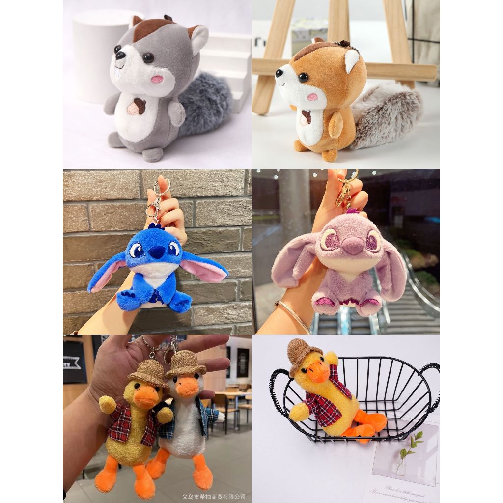 Móc khóa, gấu bông cute hình sóc, stick, vịt mũ rơm