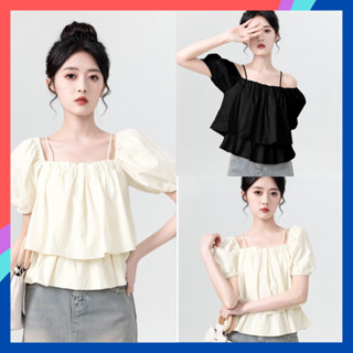 Áo sơ mi babydoll tay phồng phong cách dịu dàng Hàn Quốc SM25, áo sơ mi 2 dây tay phồng xinh mặc đi chơi đi hoc di làm