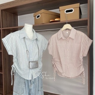 áo sơ mi nữ tay ngắn kẻ sọc rút dây 2 bên eo, áo sơ mi nữ kiểu tay hến kẻ chất liệu đũi hàn Xoaistore (A144)