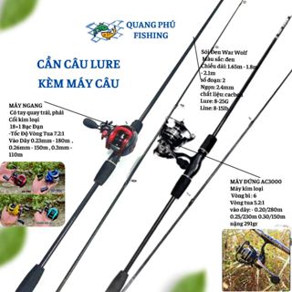  Bộ cần câu lure Sói Đen kèm máy ngang máy đứng giá rẻ dài 1m65 1m8 2m1 làm bằng cacbon nhấc tĩnh 1.5kg câu được cá 5-7kg 