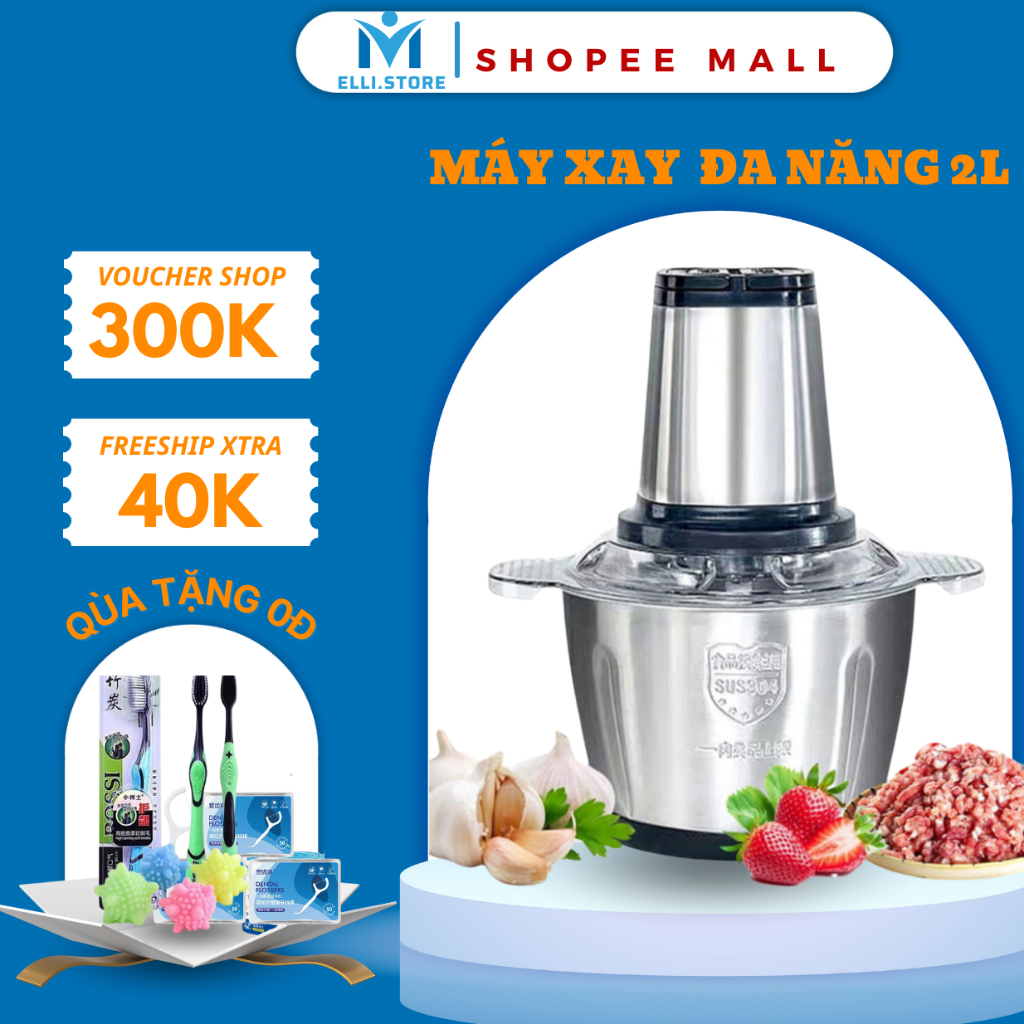 Máy Xay Thịt Đa Năng  Melli Cối Xay Inox 304 2L Công Suất 250W, 4 Lưỡi Dao Xay Thịt Cá, Rau Củ, Xay Sinh Tố