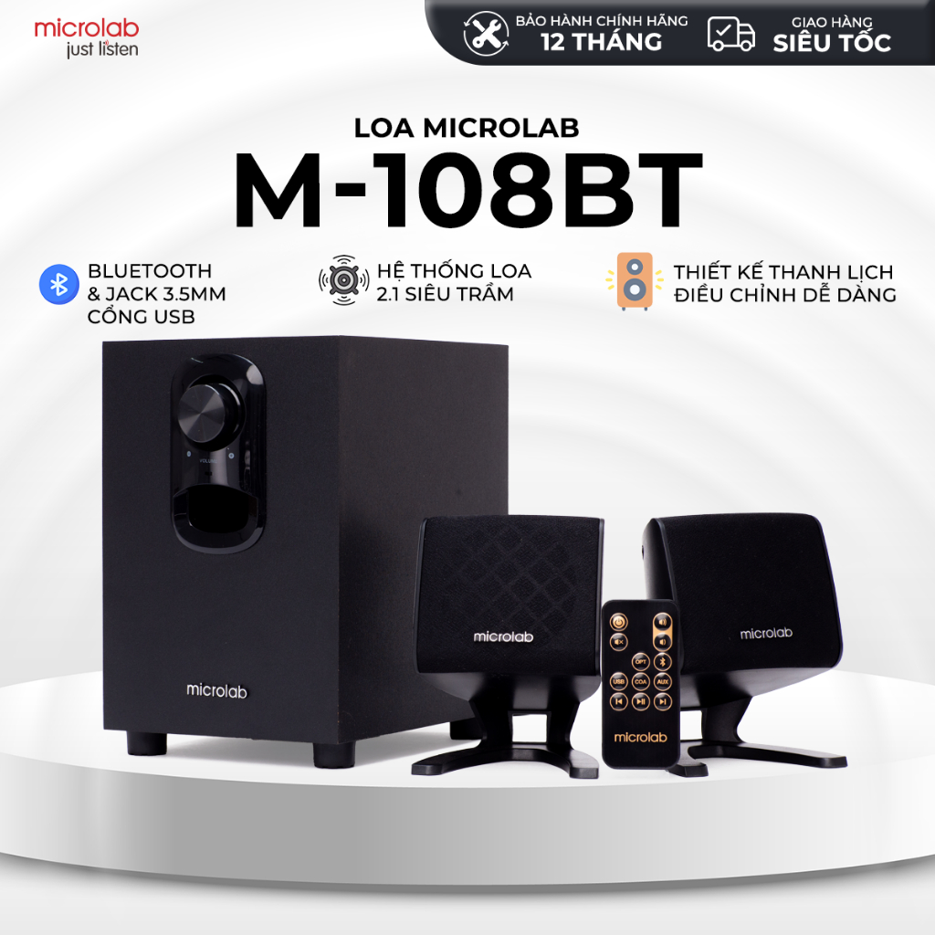 Loa Vi Tính Bluetooth Bass Mạnh MICROLAB M108BT 2.1, 11W, Chơi Game, Nghe Nhạc, Làm Việc - Hàng Chín