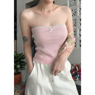 Áo ống phối ren viền chất thun tăm phối nơ hồng xám trắng đen VANISA CT036