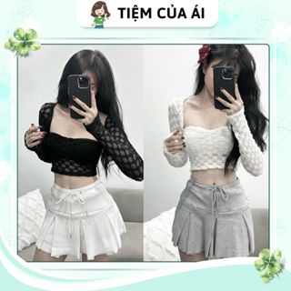 Áo ống ren lưới hoa nổi kèm khoác ngoài tay dài form croptop không mút