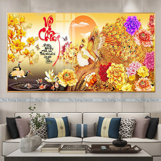 Tranh Tráng Gương Treo Tường "CHIM CÔNG - CHỮ THƯ PHÁP VỢ CHỒNG" In UV 5D Cao Cấp