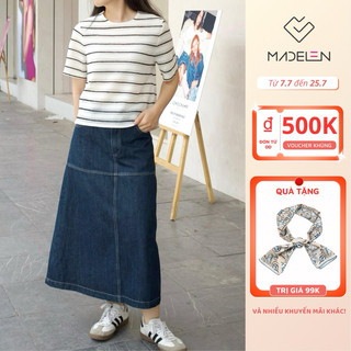 Áo thun knitted cổ tròn tay ngắn kẻ ngang dáng freesize madelen