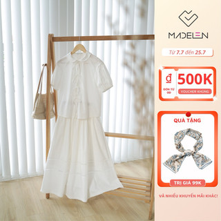 Áo sơ mi cổ sen nơ buộc trắng và chân váy đũi trắng mix ren madelen