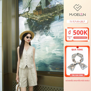 Set áo gile đũi cổ v be và quần short đũi be 1 ly madelen