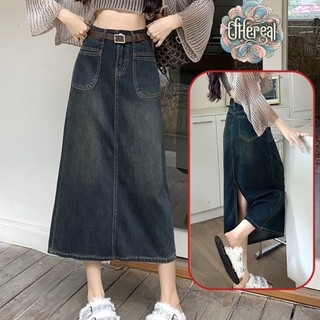 Chân váy jean cạp cao xẻ tà sau phong cách retro, Chân váy bò dáng váy chữ A phong cách Hàn Quốc