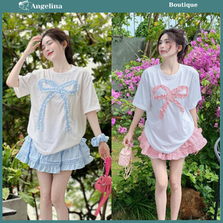 Set bộ gồm áo phông dáng rộng nơ ngực kèm chân váy tầng xoè xinh xắn