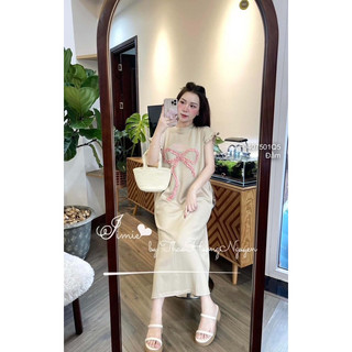 Đầm suông dài ngực in chữ đính nơ sát nách phối viền bèo 0624 thaotranshop90 [kèm ảnh thật chụp sàn]