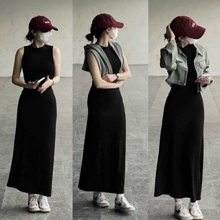 Đầm Váy Cổ Tròn Sát Nách Dáng Dài Tôn Dáng Chất Thun Tăm Co Dãn Mềm Mịn