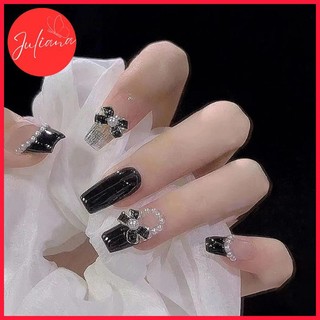 [Mã-D468] Móng Tay Giả Juliana Đính Nơ Lấp Lánh Cao Cấp Hộp 24 Nails Box Kèm Phụ Kiện Làm Móng