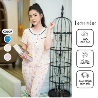 Bộ Ngủ Vải Thô Lanh Cổ Tròn Hoa Nhí Áo Cộc Bo Tay Quần Lửng Bộ Mặc Nhà Thoáng Mát Leanabe Homwear 23TL304