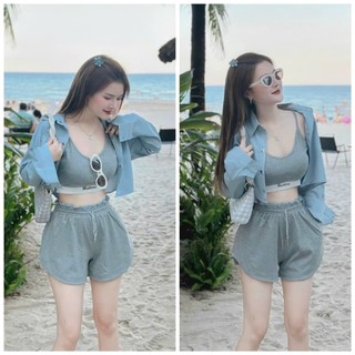 Set Bộ Đồ Nữ: Áo Croptop Bra Kèm Áo Khoác Kaki + Quần Short Ống Rộng Tone Màu Siêu Hot, Xinh Xắn